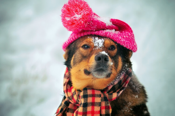 dog with knit hat and scarf in the snow